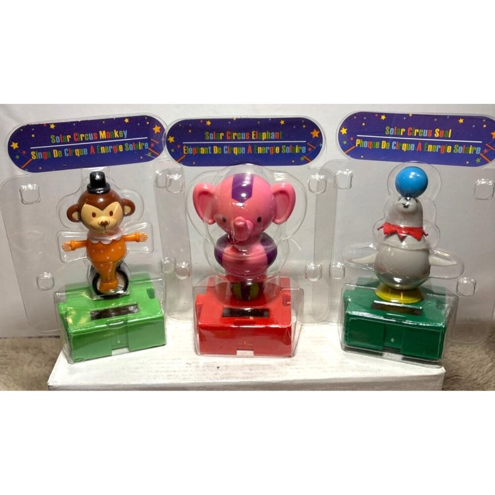 Set Of 3 Solar-Powered Circus Animal Figurines: Seal Elephant & Monkey By Greenb